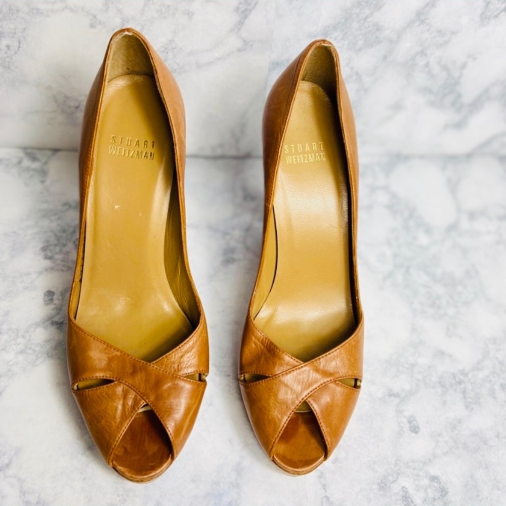 Stuart Weitzman Peep Toe Cognac Heels: Size 7 - image 2